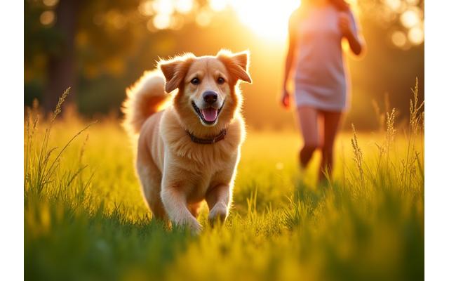 Happy Golden Retriever running through a field with a smiling owner, symbolizing health and joy
