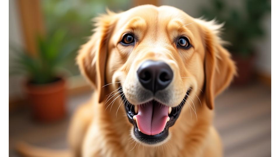 A happy dog with sparkling eyes, looking up expectantly, symbolizing excitement for new gear and trust.